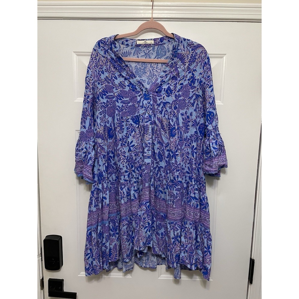 Last Queen Paris Floral Boho Tiered Flowy Dress L/XL Viscose Party Beach Purple